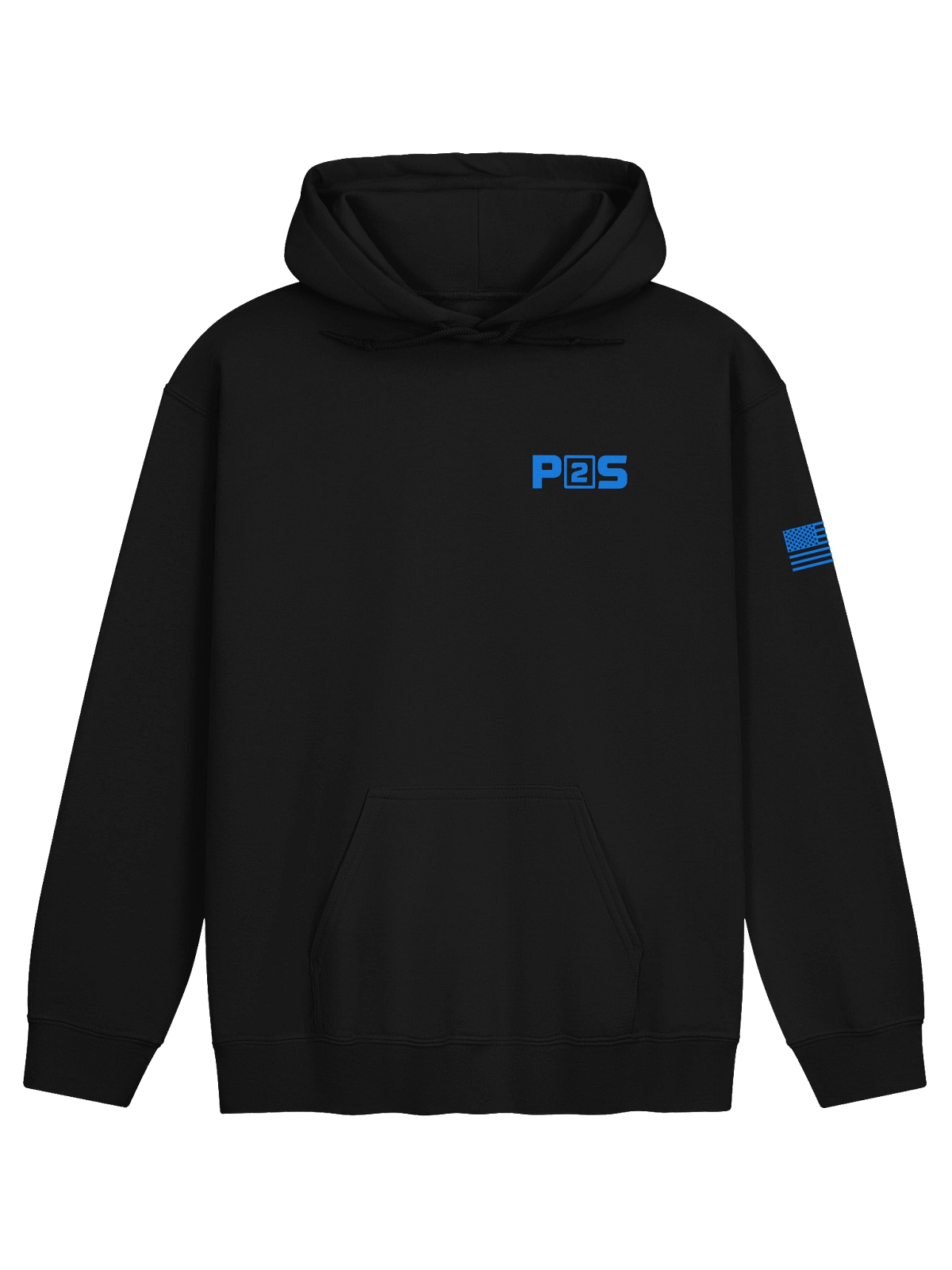 Black P2S Standard hooded sweatshirt with blue chest logo and American flag sleeve print
