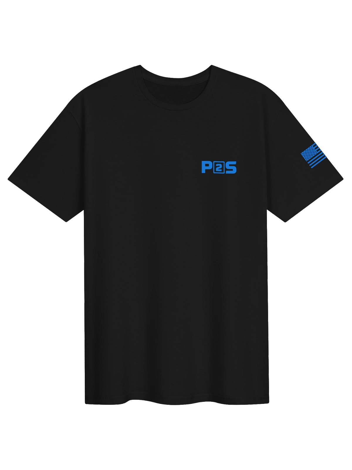 Black P2S Standard T-shirt with blue chest logo and American flag sleeve print