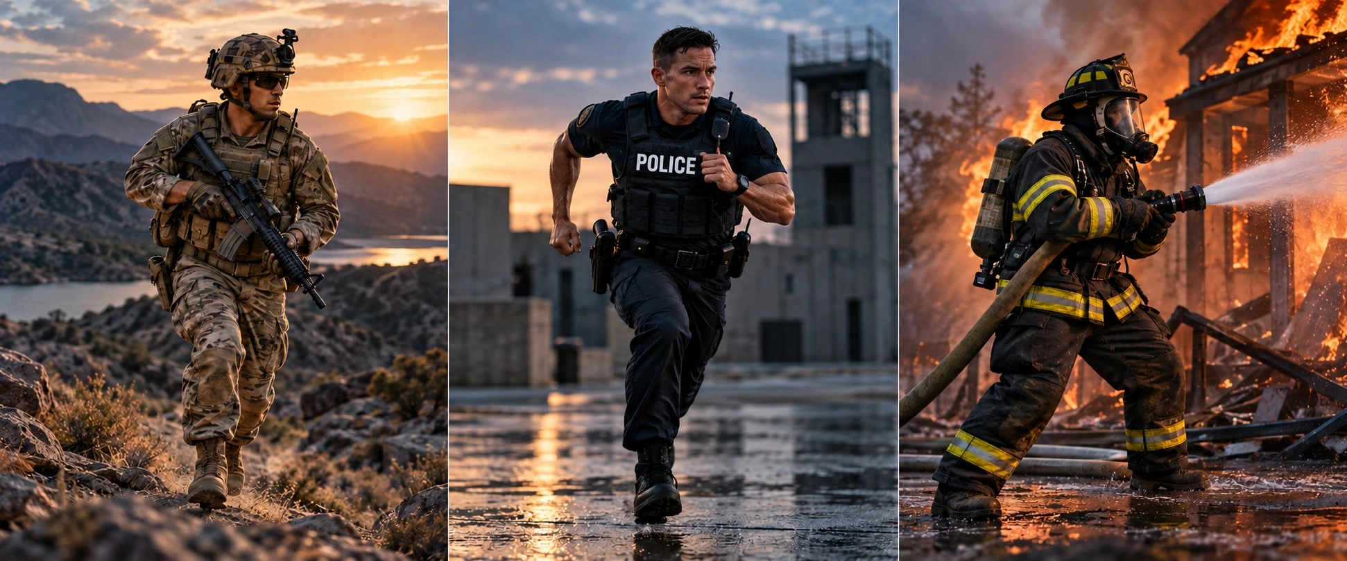 Marine, police officer, and firefighter performing physically demanding work
